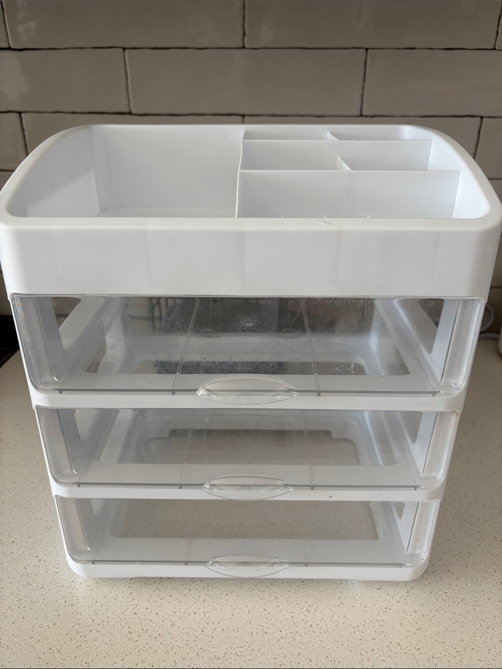 White Plastic Desktop Organizer with 3 Clear Drawers